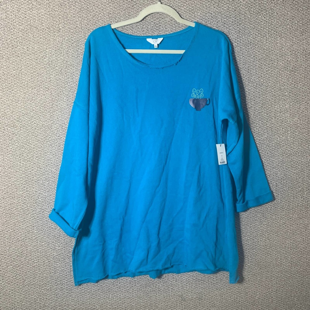 Crown & Ivy Womens Sweatshirt Size 0X Blue Raw Edge Trim I Need A Hot Toddy